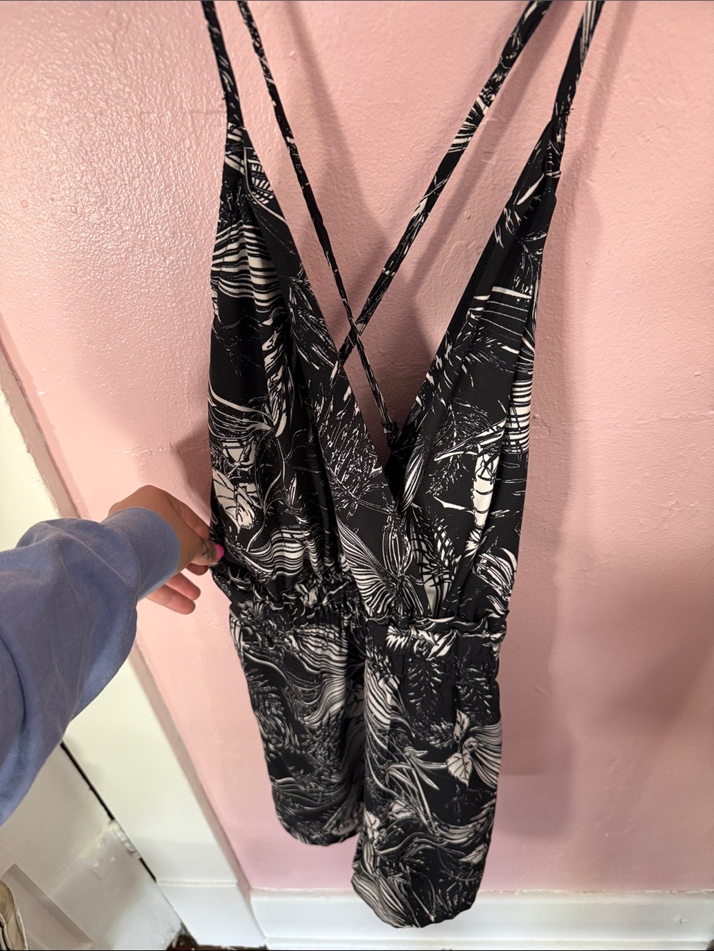 Thread Story Black & White Floral Print Romper with pockets